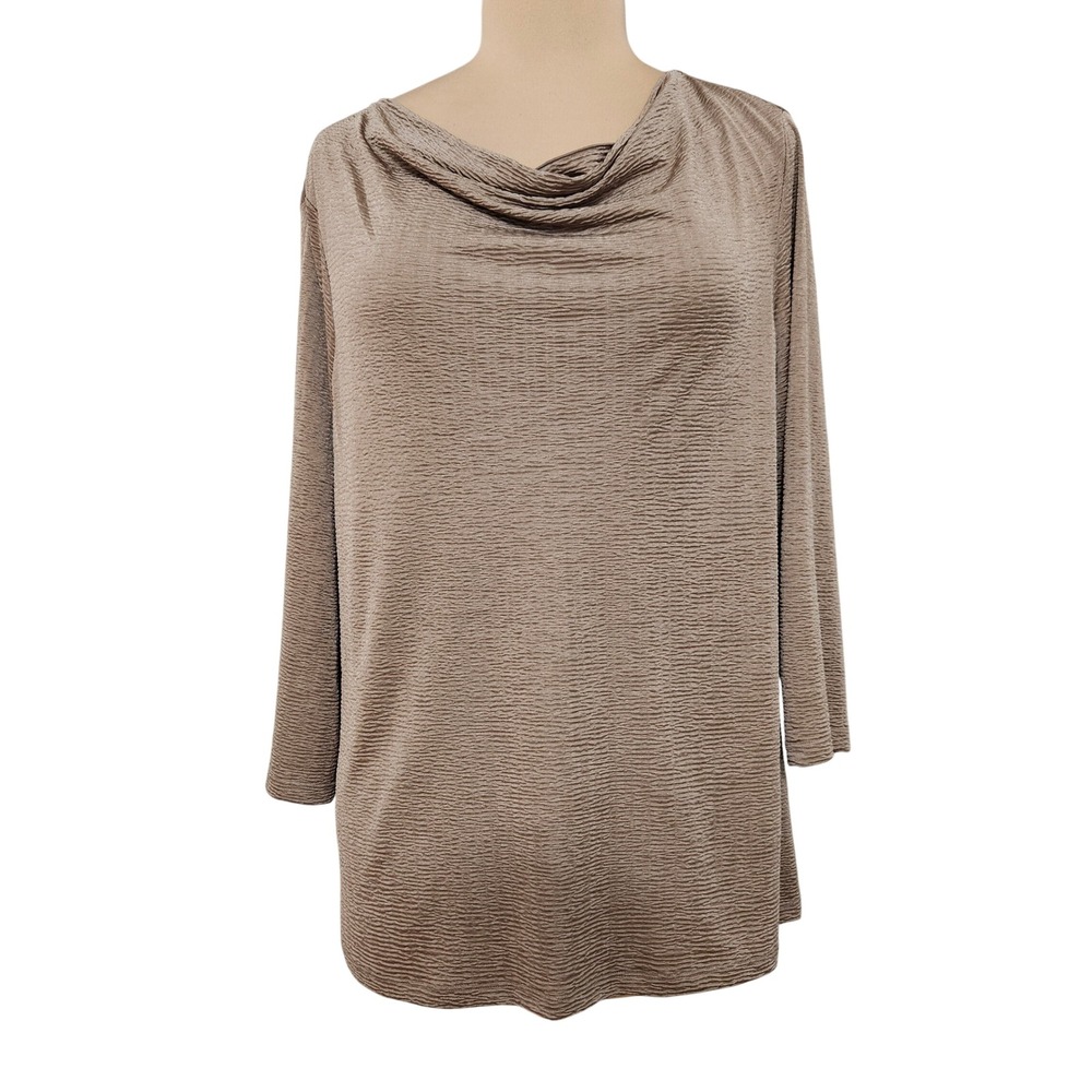 Easywear by Chicos Taupe Crinkle Texture Cowl Neck Long Sleeve Blouse Minimal